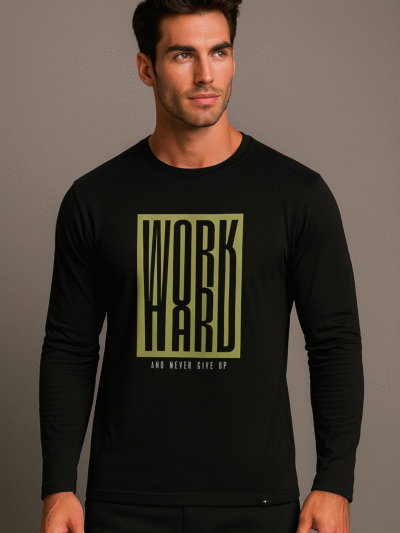 Men’s black full sleeve regular fit “Word Hard” printed t-shirt by Onita